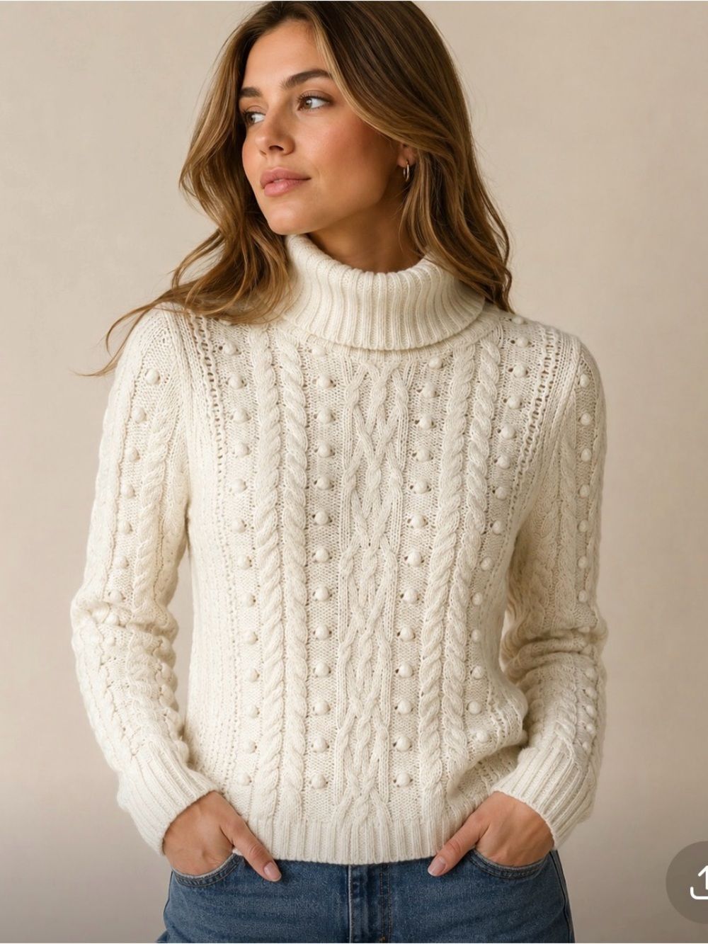 Gap off white cable knit cotton/wool turtleneck sweater XS